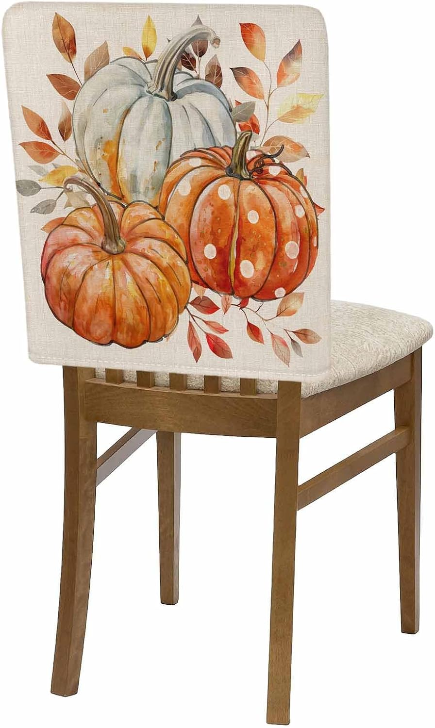 Gray Orange Pumpkins Fall Chair Covers for Dining Room, Thanksgiving Eucalyptus Leaves Linen Polyester Back Chair Protector, Rustic Beige 4 Pcs Chair Decor, 20 x 19 in