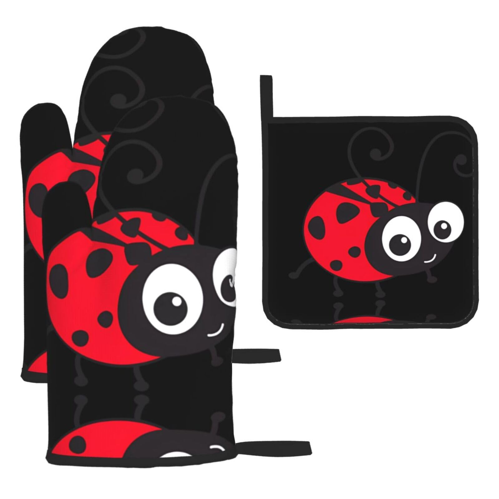 Cartoon Ladybug Printed Oven Mitt Set 3-Piece | Heat Resistant Gloves & Pot Holder Mat for Cooking, Baking & BBQ