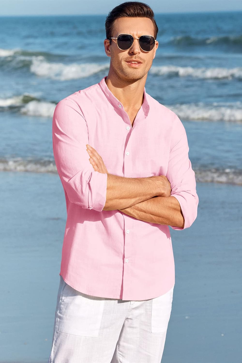 Makkrom Men Linen Shirt Button Down Long Sleeve Cotton Beach Band Collar Casual Summer Shirts - Image 2