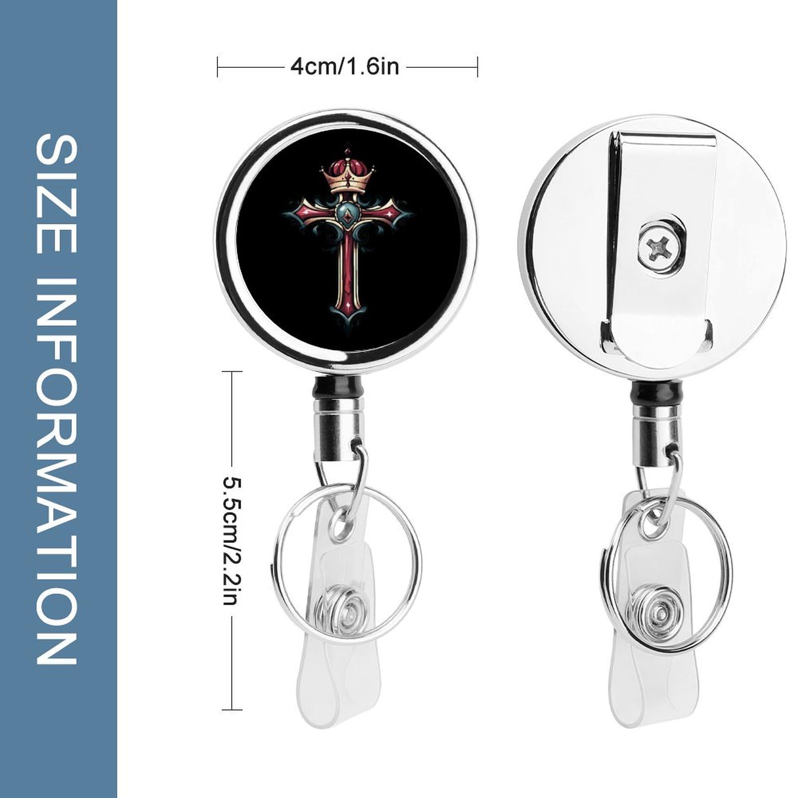 Crrown and Cross Retractable Badge Holder Metal ID Name Holder Key Ring with Belt Clip