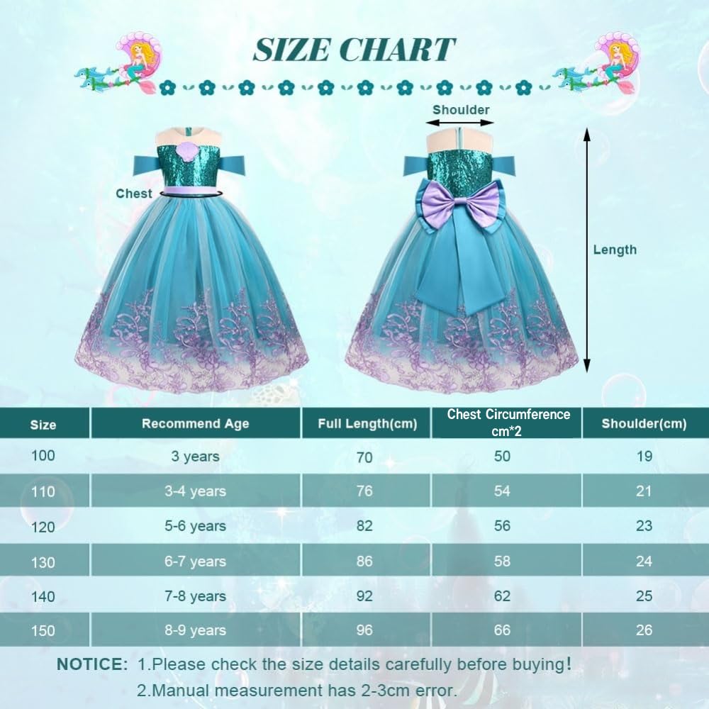 AOOWU Vestito Sirenetta Bambina, Sirena Principessa Vestito Costume con Parrucca, Vestiti Sirenetta Costumi Cosplay Sirena per Halloween, Natale, Cosplay, Compleanno