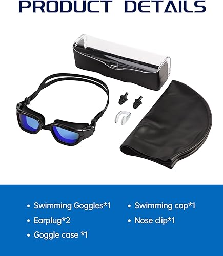 Miniatura 7 de Gafas de natación, gafas para adultos con gorro de natación, clip de nariz y tapones para los oídos, protección UV, lente antivaho y funda, para