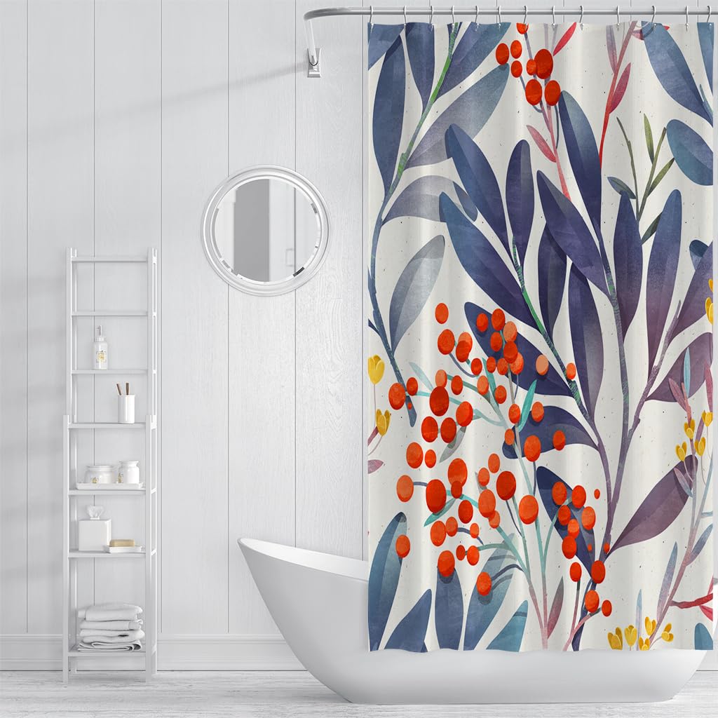 Duschvorhang 240x200 mit Pflanzenmotiven In Rot, Dunkelblau und Lila, Botanisch Weißer Badezimmervorhang, Wasserdichter Polyesterstoff für Badewannen/Badezimmer mit Haken, B240 x H200 cm (1er Pack)