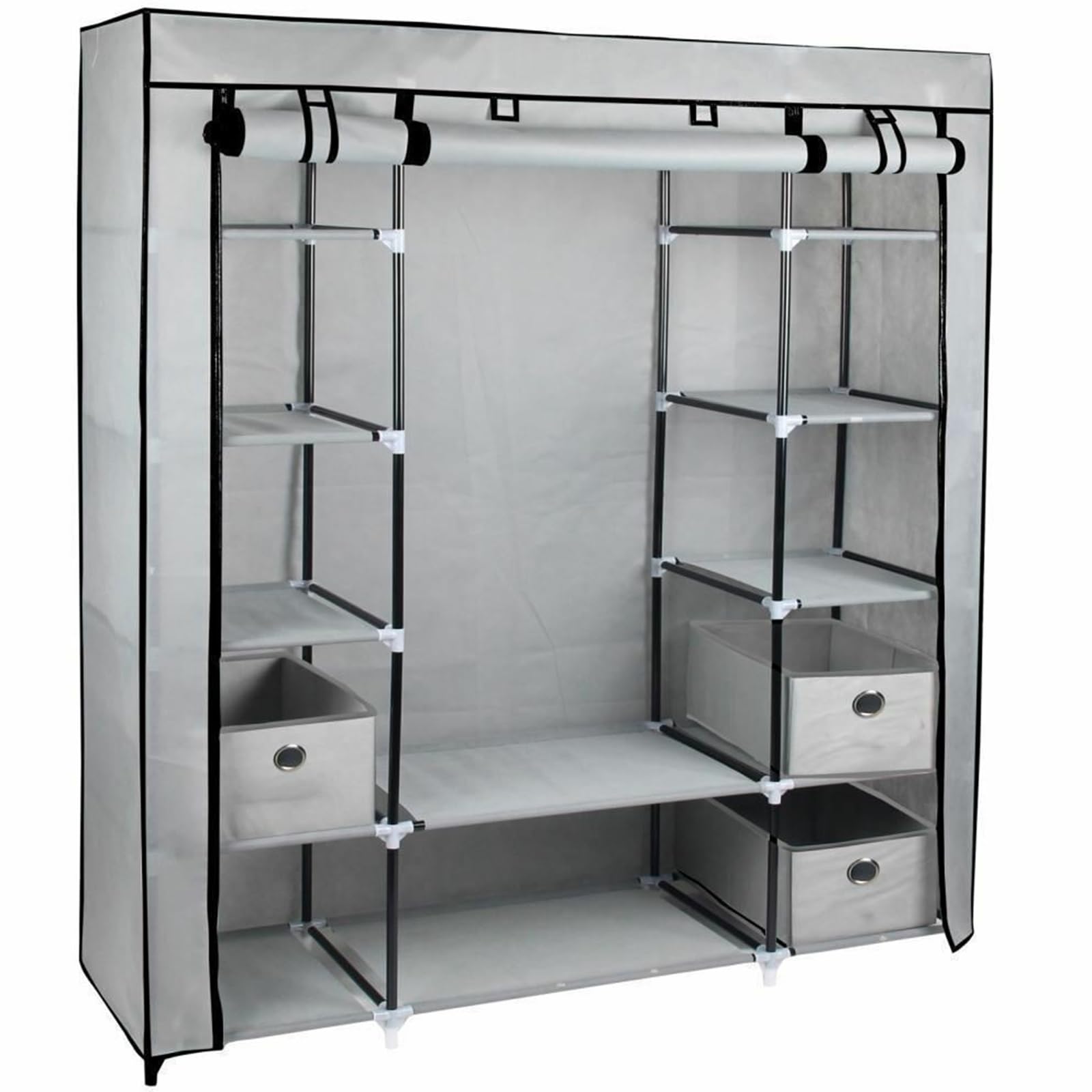 Gr8 Home Grey Large Fabric Canvas Bedroom Wardrobe With Hanging Rail Shelving Clothes Storage Cupboard Unit