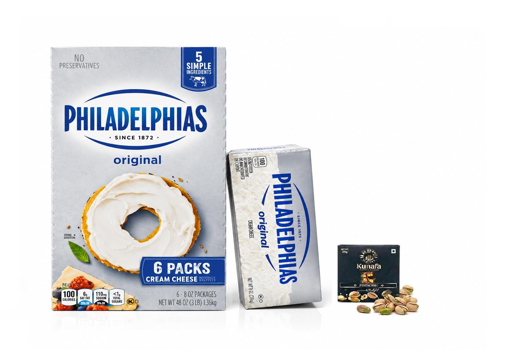 Philadelphia's Original Cream Cheese, No Preservatives, 5 Simple Ingredients, Each 226g X 6 Individually Wrapped Packs, (Product Of USA) with Free Flavourito Kunafa Pistachio Chocolate Bar, 20g By Decadent Foods-image-44