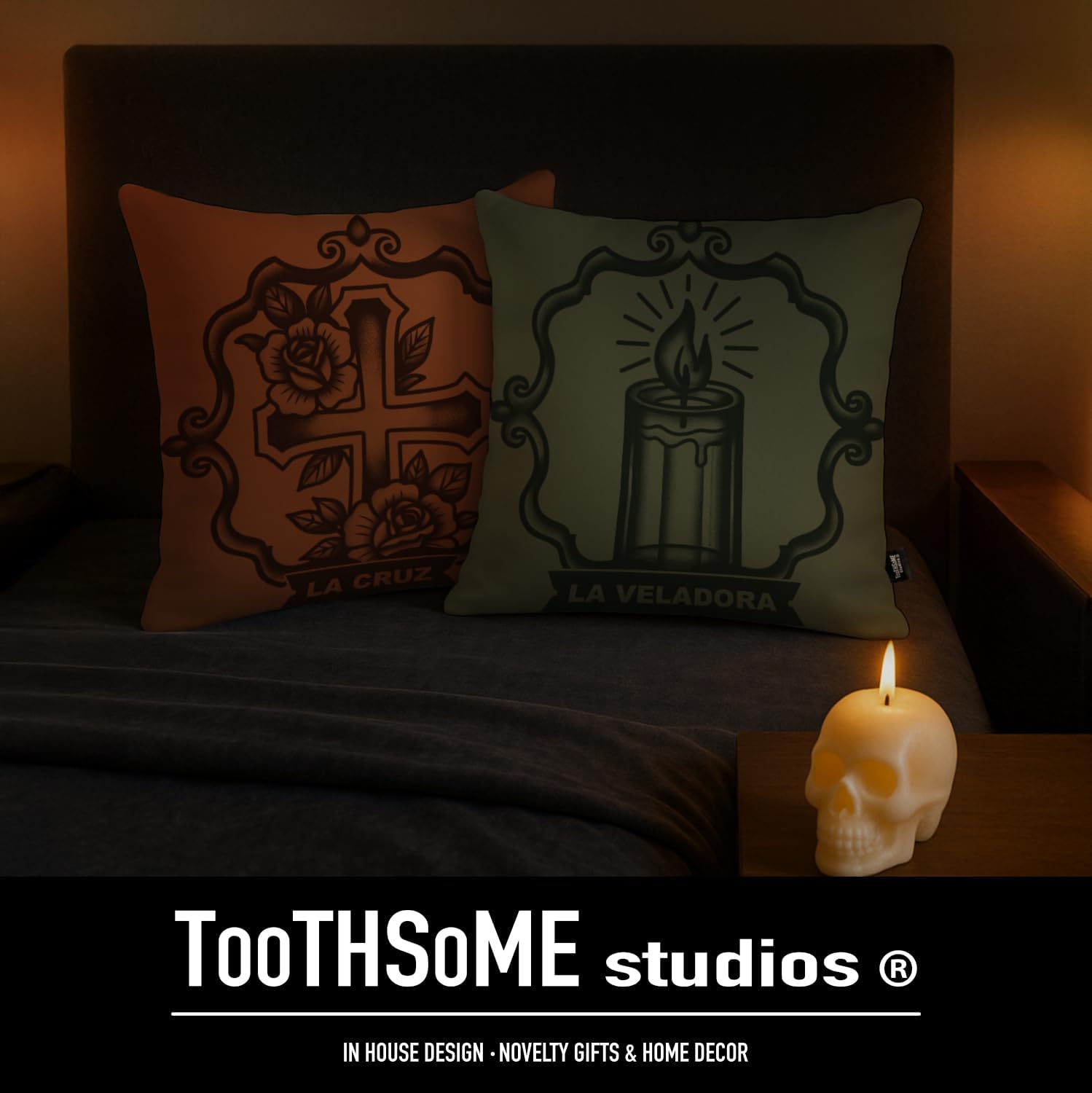 La Cruz, La Veladora 2-Pack Day of the Dead Throw Pillow Cases, 15.35 x 15.35 inches, (Insert/Filing Not Included), Dia De Muertos Lotería Theme, Colorful Plush Decor (2, LaCruz,LaVeladora)