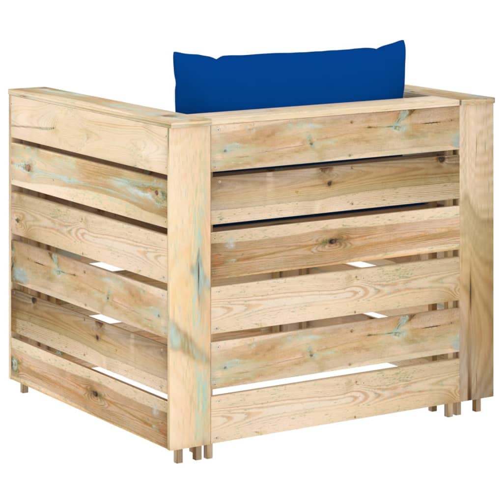 Set Salotto da Giardino 2 Pz in Legno Pino con Cuscini Blu | Design modulare a pallet in pino con spessi cuscini blu per relax in terrazzo, patio e portico esterno.