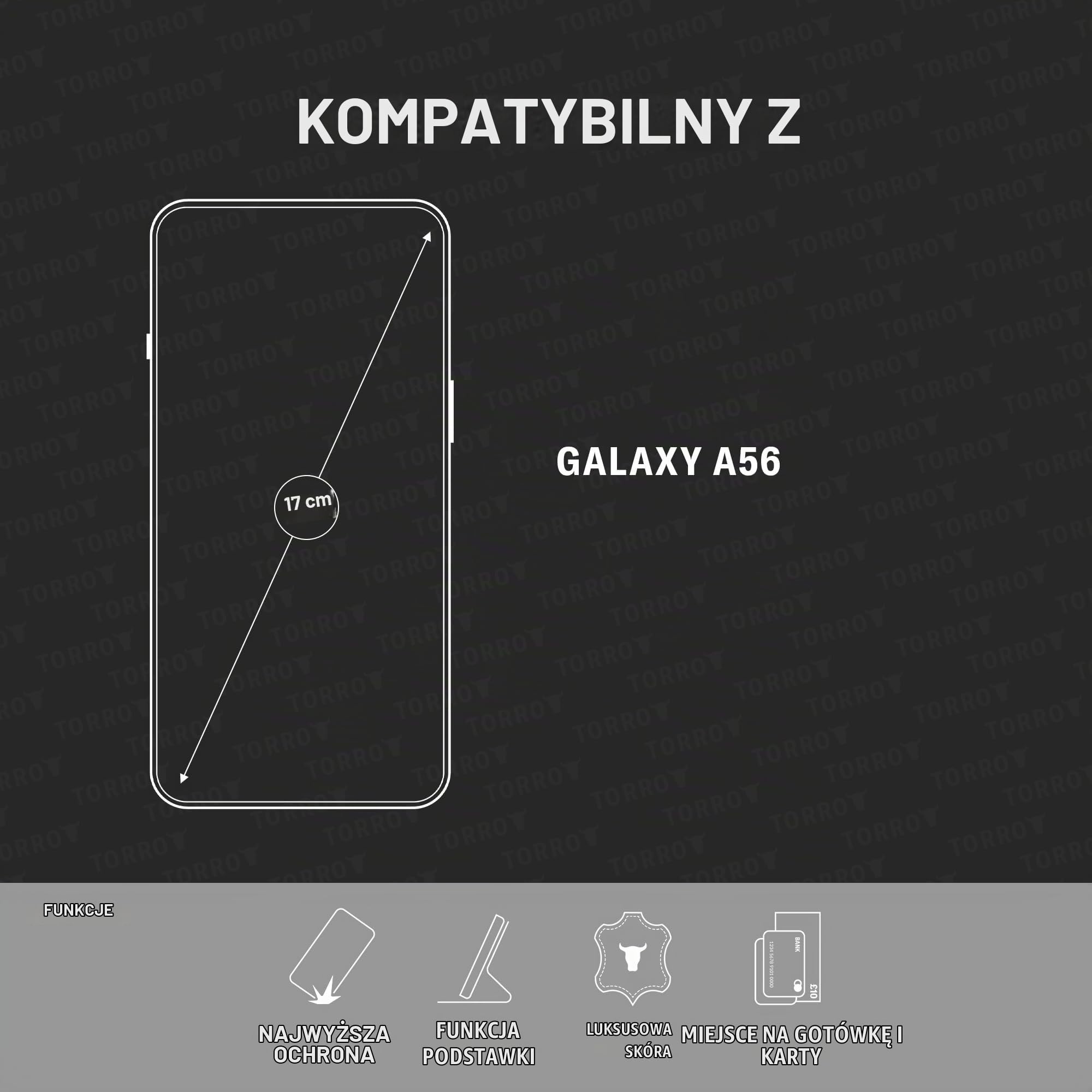 Etui TORRO kompatybilne z Samsung Galaxy A56 5G 2025 - Etui z prawdziwej skóry z podstawką i miejscem na karty (czarny)