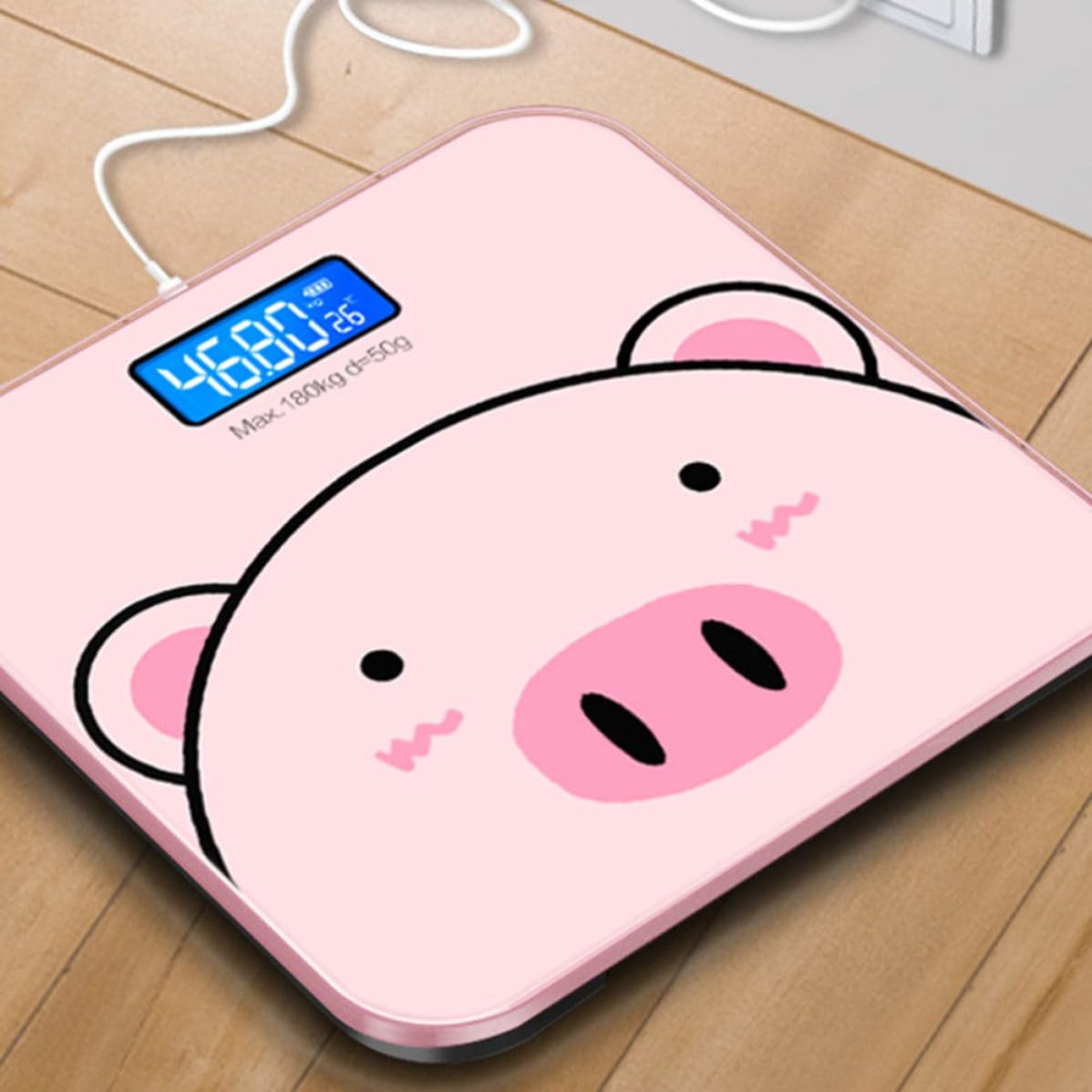 Báscula de Peso Corporal de Dibujos Animados Rosa de Vidrio Templado | Pantalla Lcd Nocturna de Alta Definición, Capacidad 0,2-180kg, Uso Doméstico Práctico