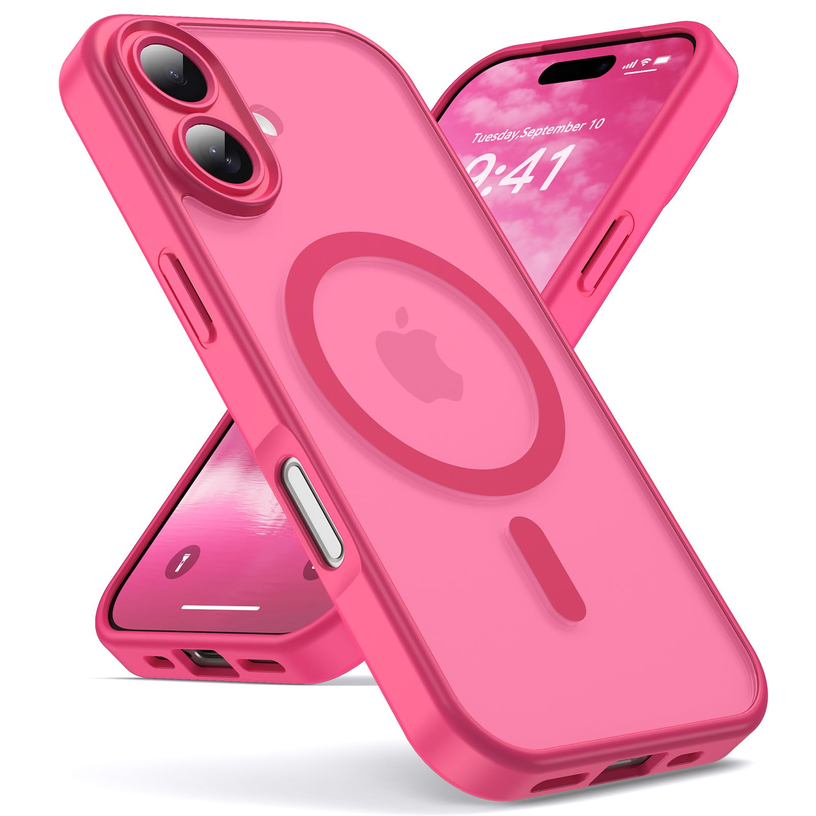 Oududianzi - Magnetisch Hülle für iPhone 16 mit Magsafe Case, RoseRot | Durchscheinende Mattierte PC Rückseite TPU Silikon Schutzhülle, Kameraschutz Transluzente Matt Kratzfest Stoßfest Handyhülle