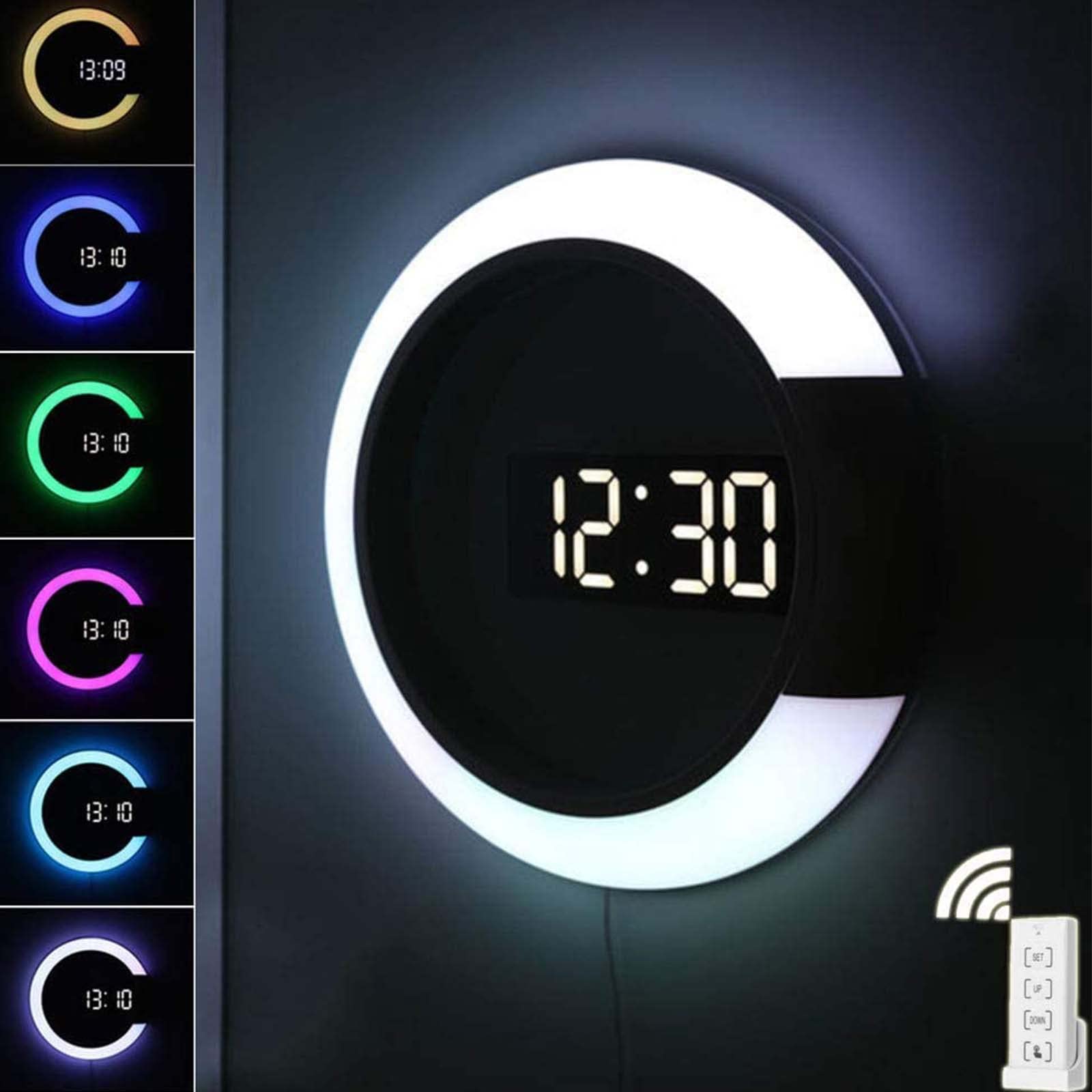 Zegar ścienny z oświetleniem LED, cyfrowy zegar ścienny z lustrem, zasilany przez USB cyfrowy budzik zdalnie sterowany zegar ścienny z temperaturą drzemki i wyświetlaczem 12/24h, 7 kolorów RGB do domu, sypialni