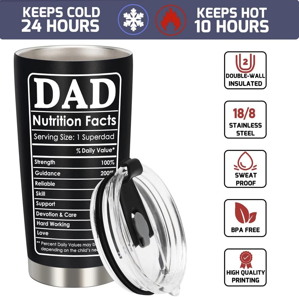 Fathers Day Gift for Dad from Daughter Son Kids - Best Dad Ever Nutrition Facts Tumbler Birthday Gifts, Fathers Day Coffee Tumbler Cup, 20 OZ - Image 3