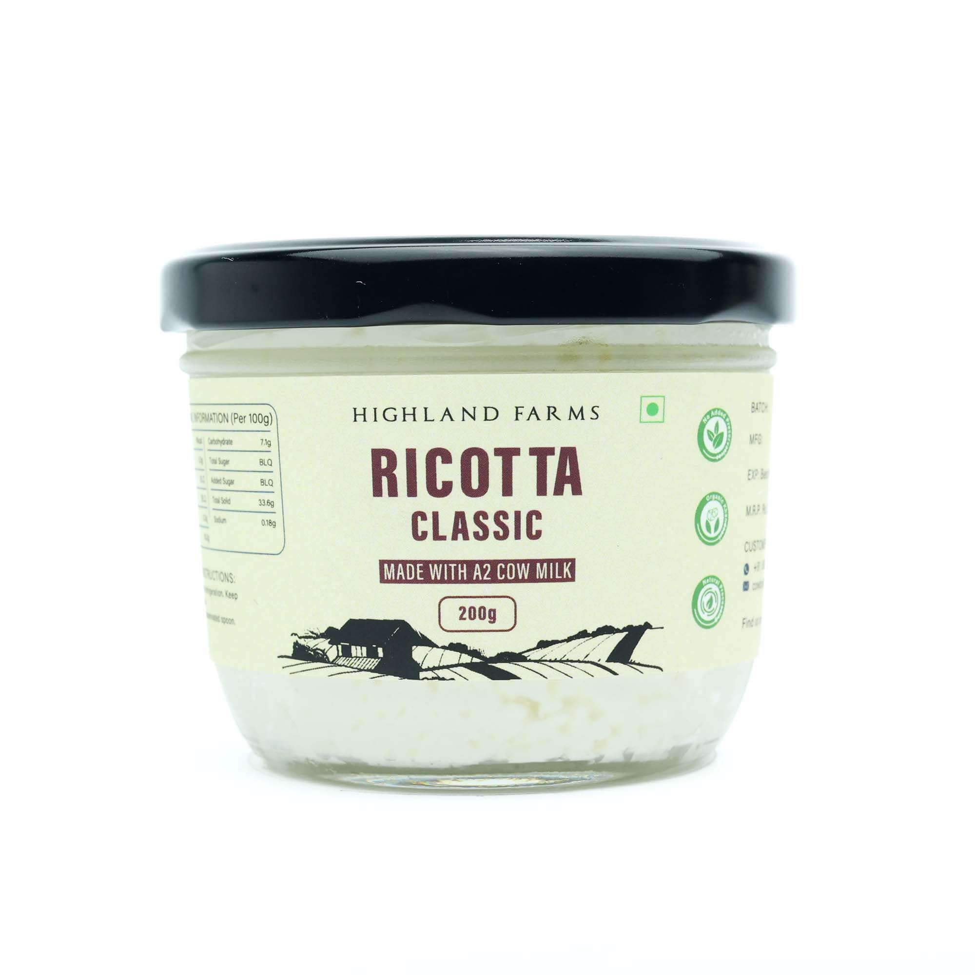 Highland Farms A2 Cow Milk Ricotta | Low Fat | Made with Free Range A2 Cow Milk | Traditinal Method | Improves Bone Health | No Preservatives | Glass Packaging | 200gm-image-1
