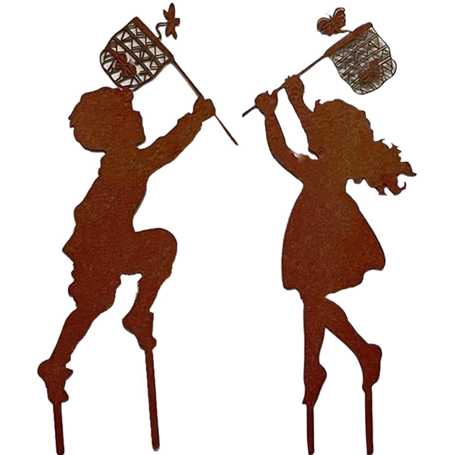 Pfjsseey Metal Fairy Silhouette, Boy Girl Silhouettes Chasing Butterfly Fairy Metal Yard Stakes Vintage Garden Silhouette Sculpture, Yard Garden Stake Rustic Decor for Lawn Family Friends, Boys+girl