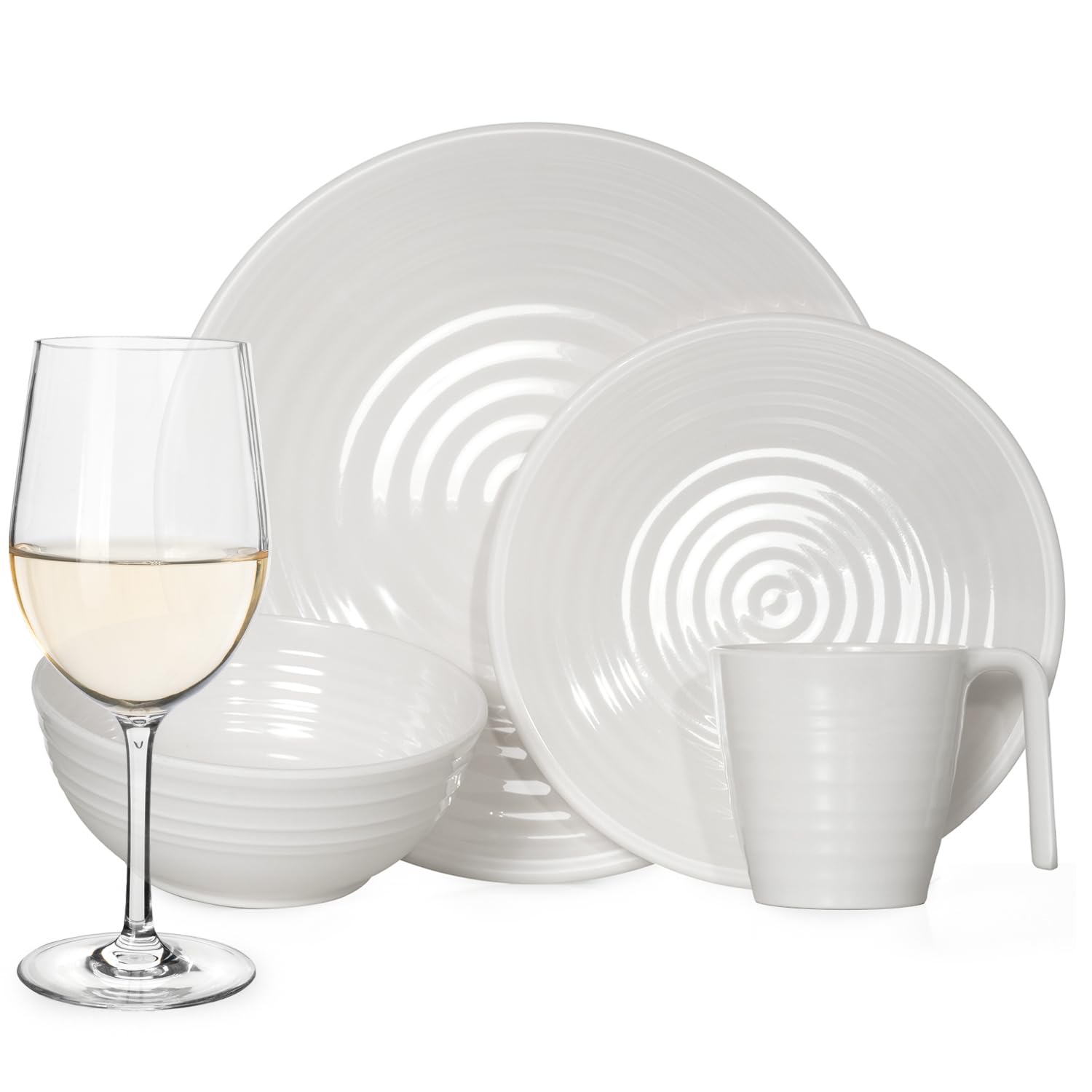 Melamin Camping Geschirr Set 1-4 Personen I 4-32 Teilig I Tasse I Schüssel I Gläser I Teller Set I Picknick BBQ Kochgeschirr I Crema Design