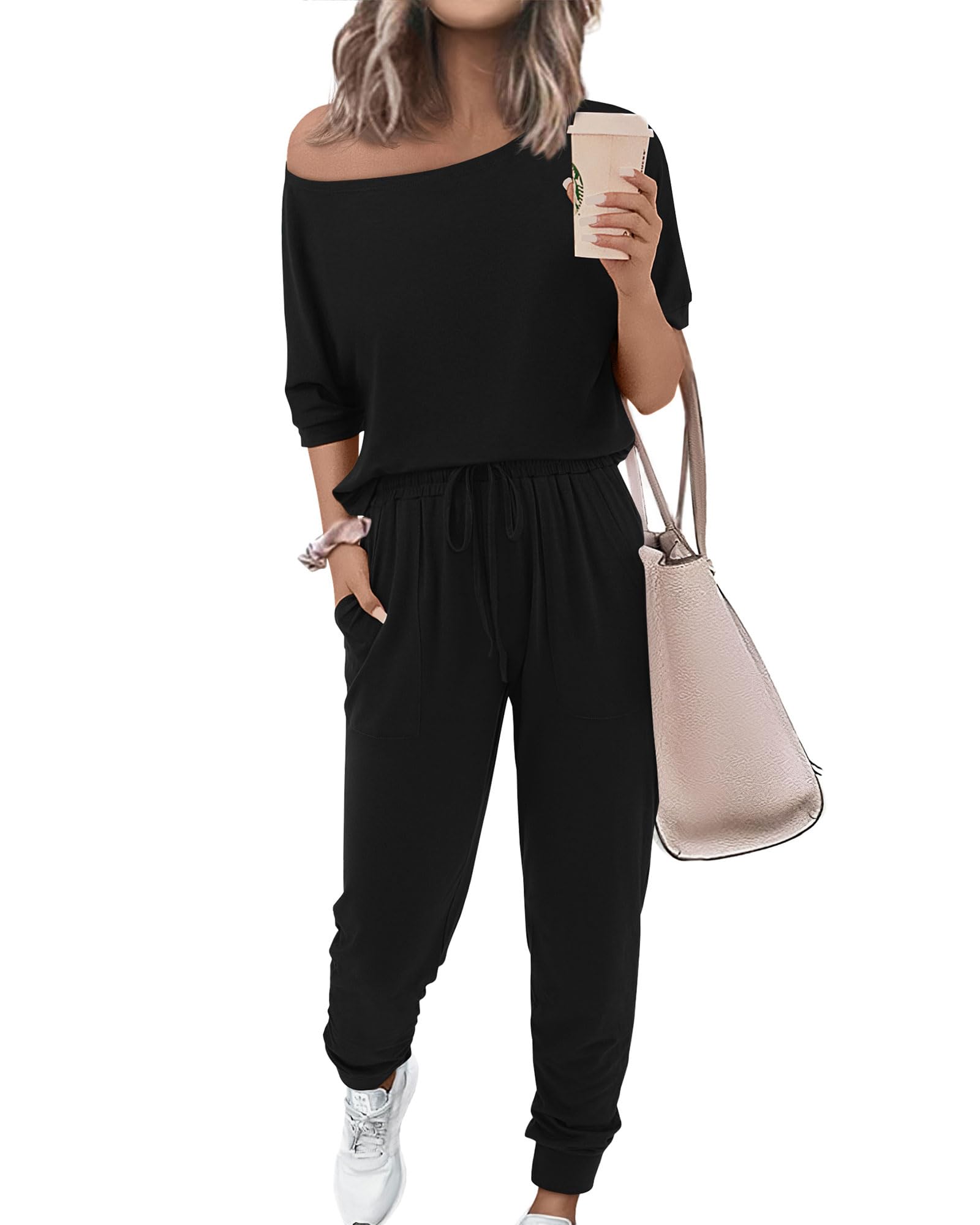 Zenlonr Women Summer 2 Piece Outfits 2025 Off Shoulder Short Sleeve Tops Elastic Waist Drawstring Long Pants Tracksuit