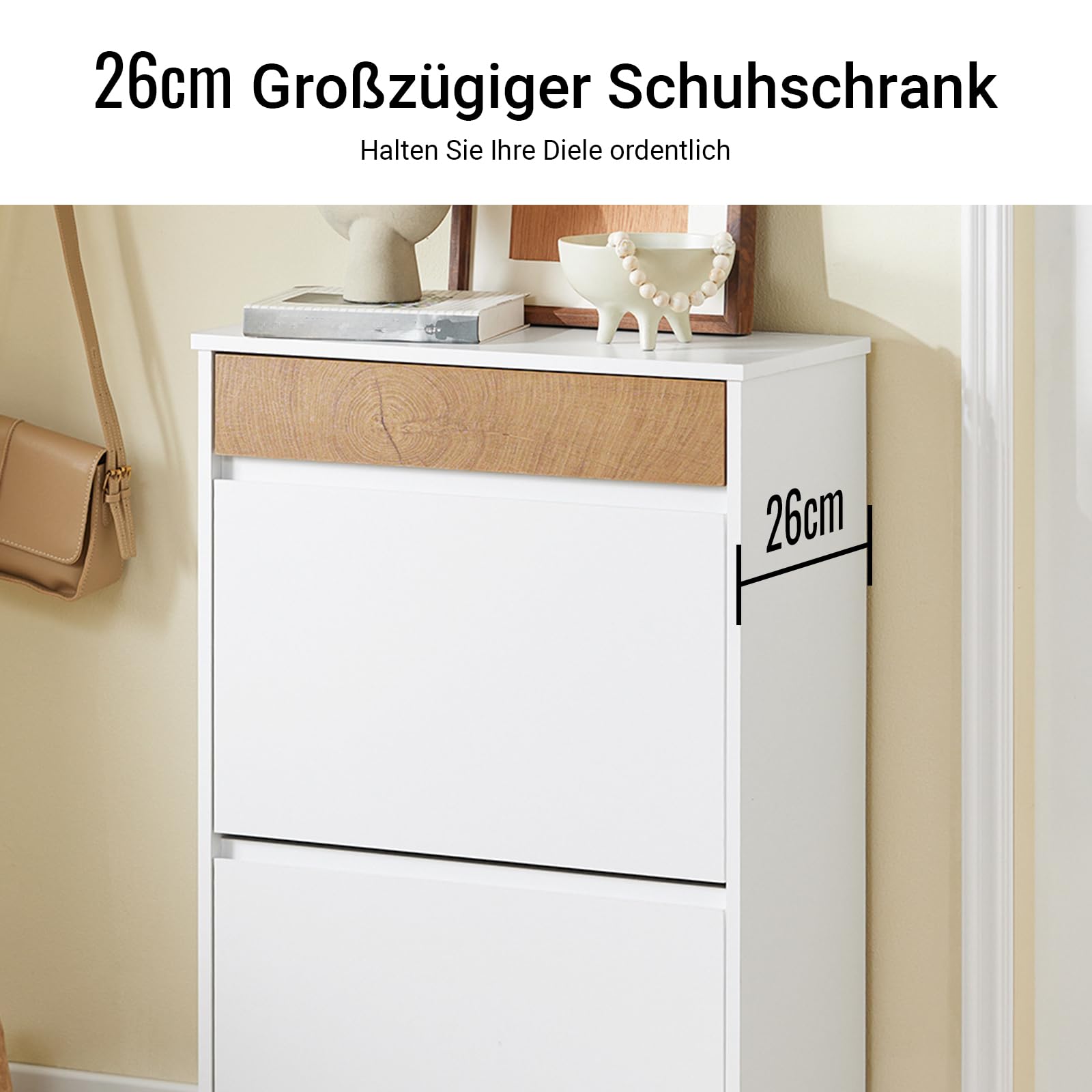 SoBuy Schuhschrank Schmal Hoch – Schuhkipper Schmal mit 2 Klappen & Schublade, platzsparend & modern – Flur Möbel für Eingang, Korridor, Wohnung – 61x26x91cm, Weiß & Holzoptik – FSR205-WN