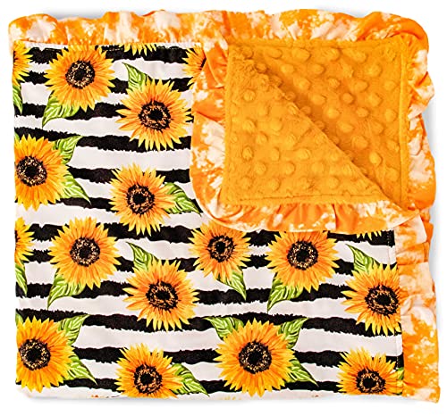 Image of Top Tots Baby Blanket - Sunflowers & Stripes with Minky Dot & Satin Ruffle, 31 x 31 Inch Yellow