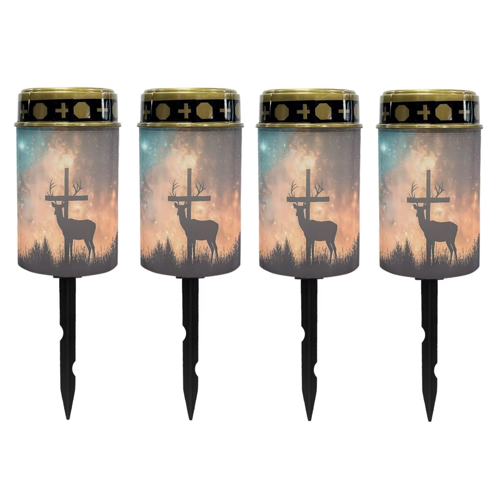 Poceacles 4 PCS Cross Solar Lights Outdoor for Garden Lawn Cemetery Grave Decorative Cemetery Solar Candle Grave Flameless Candle for Outside Home Decorations, Deer Cross Galaxy Shiny