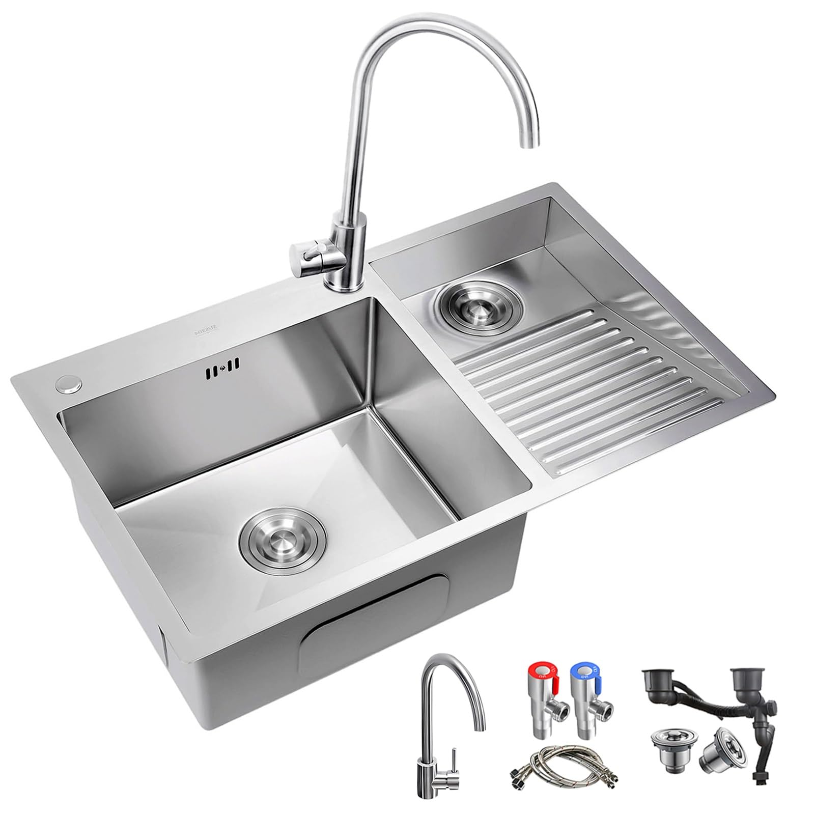 Évier de cuisine à montage sur plan avec robinet bonde, évier à linge double bac inox