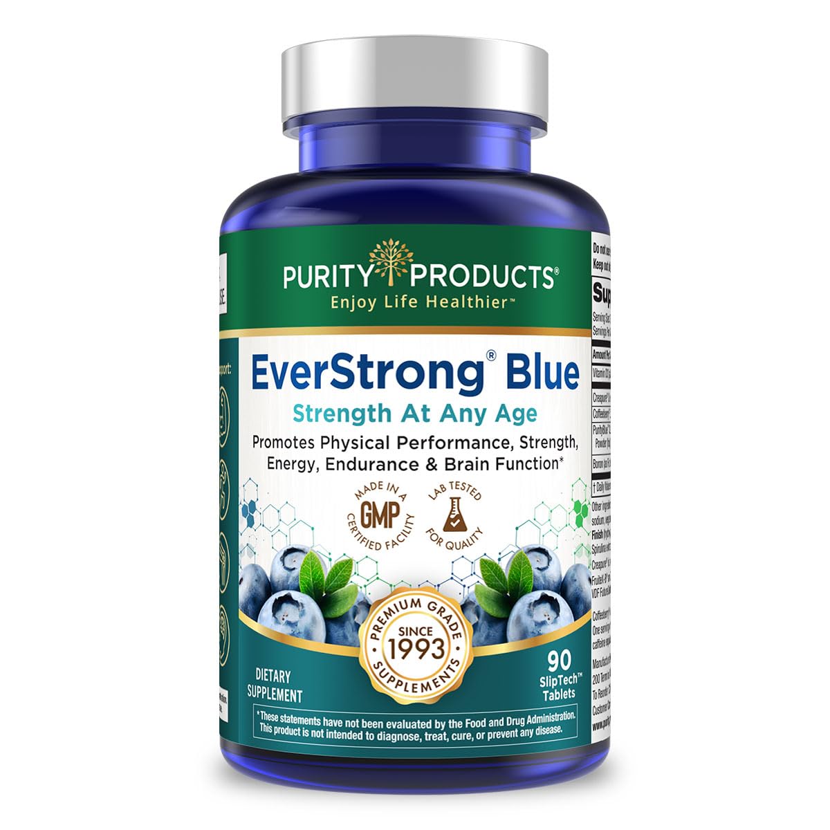 Purity ProductsEverStrong Blue Strength Building + Brain Boosting w/Muscle Matrix Blend ft. Creatine Monohydrate + More, PurityBlue Organic Blueberry Complex, 1000 IU Vitamin D3-90 Tablets
