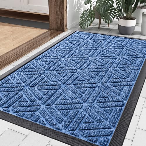 Smiry Front Door Mat Outside Entrance, Heavy Duty Natural Rubber Doormat, Trap Dirt and Moisture Easy Clean Low Profile Patio Porch Welcome Floor Mats for Entry, 29.5x17 Inch, Blue