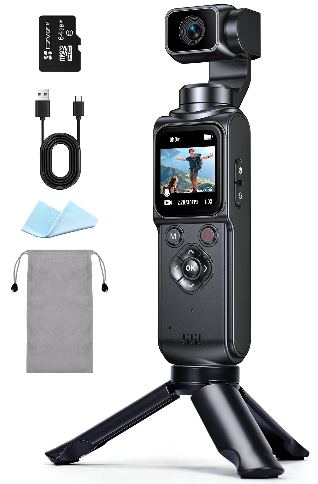 Vlog Camera, Action Cam 4K Stabilizzata con Gimbal – Touchscreen 64MP con Scheda 64GB, Stabilizzazione a 2 Assi, Tracciamento di Oggetti, Microfono Incluso, Fotocamera Digitale per Vlog