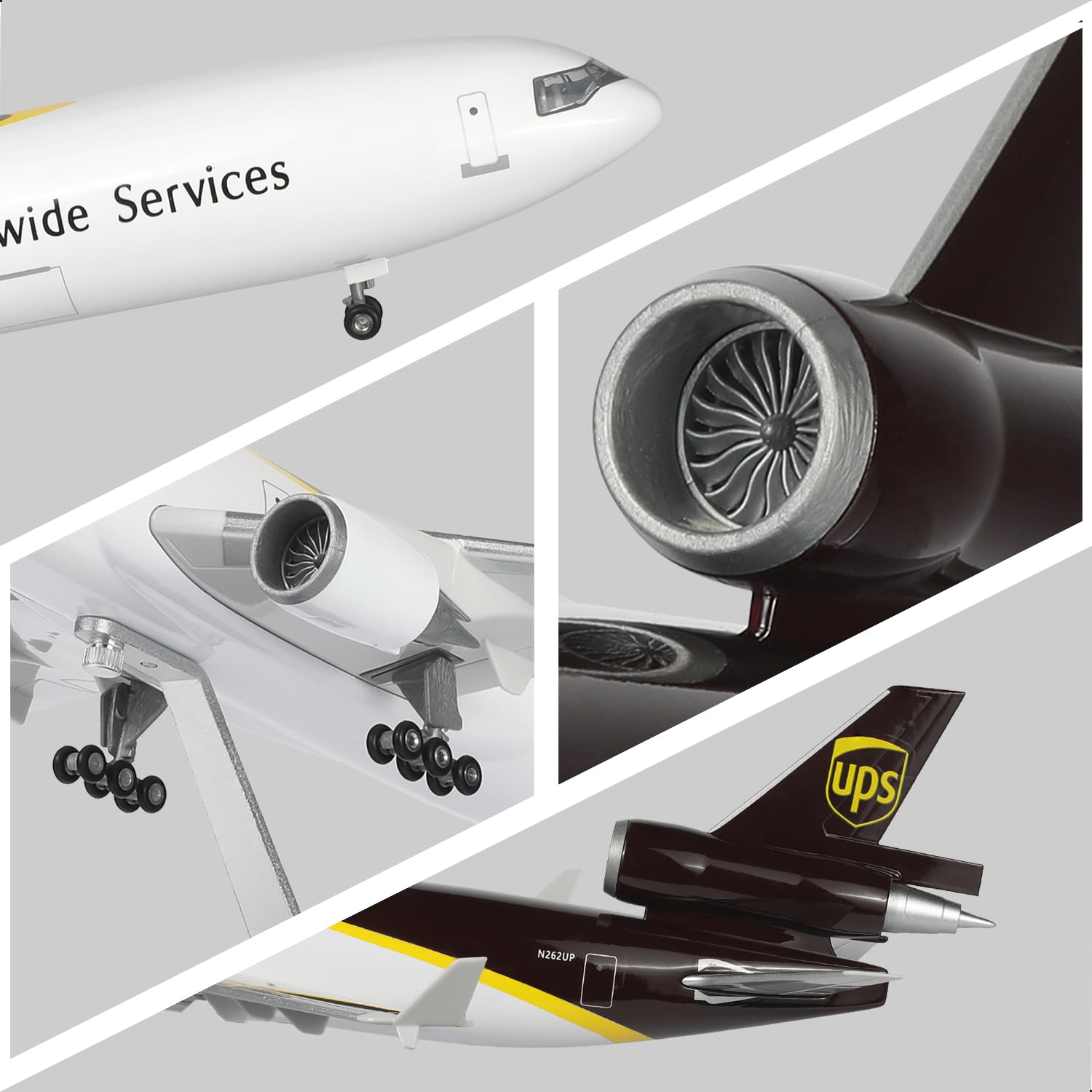 MD-11 Flugzeugmodell im Maßstab 1:130, kompatibel mit UPS, inklusive Ständer (47 cm lang), aus Resin, ideal als Souvenir für Erwachsene, als Dekoration für Zuhause oder Büro.