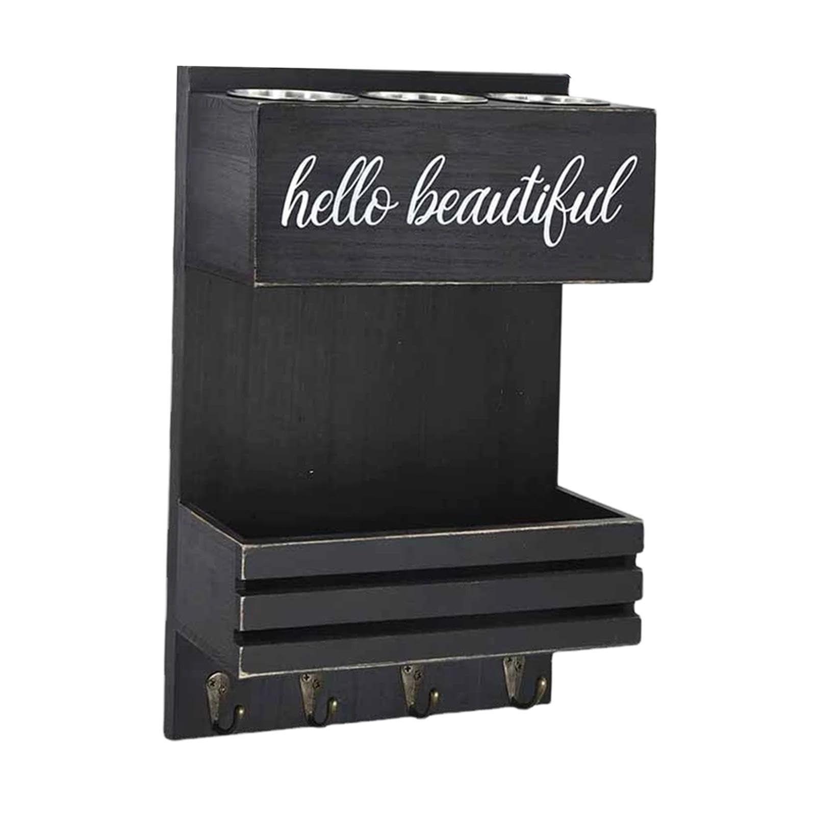 MERIGLARE Wandregal Aus Holz, Ideal für Haartrockner, Haarstyling Geräte Und Mehr – Landhausstil, 2 Stöckig, Dekorativ, Zur Wandmontage, Badezimmerregal, Schwarz