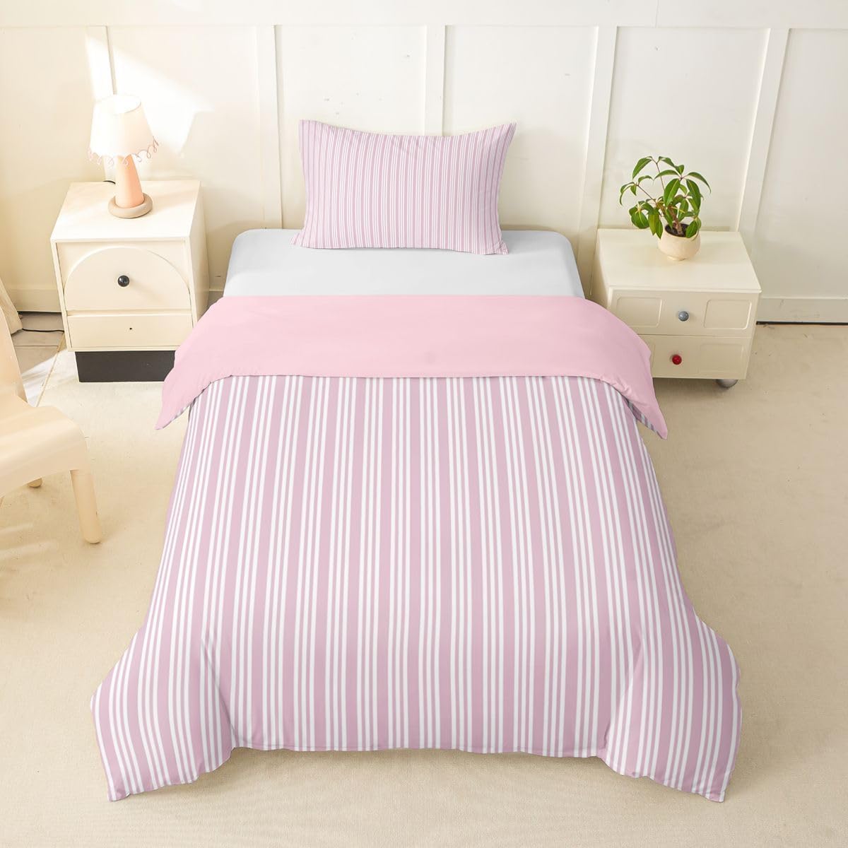 Feelyou Pink White Stripes Duvet Cover Toddler Size Modern Striped Art Comforter Cover for Boys Girls Geometric Bedding Set 2Pcs Room Decor