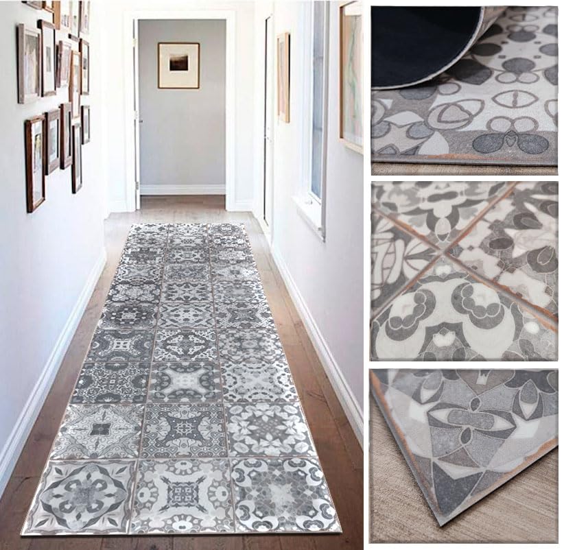 Tadi & Imperio1979 Alfombra de Vinilo con diseño Floral Vintage en Gris Envejecido y Blanco para Cocina, lavaderos, Pasillo, Aseo, dormitorios con revés PVC Antideslizante, 60x40cm.