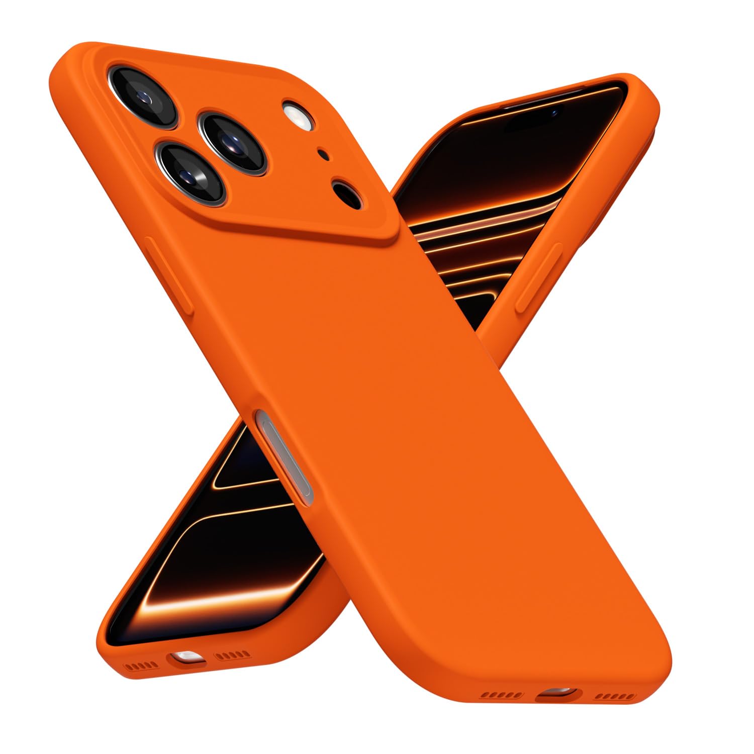 for iPhone 17 Pro Phone Case Silicone, Minimalist Ultra Thin Slim Soft Rubber Gel Solid Color Matte TPU Cute Case for Women Men, Girly Plain Aesthetic Design & Camera Cover, Neon Orange