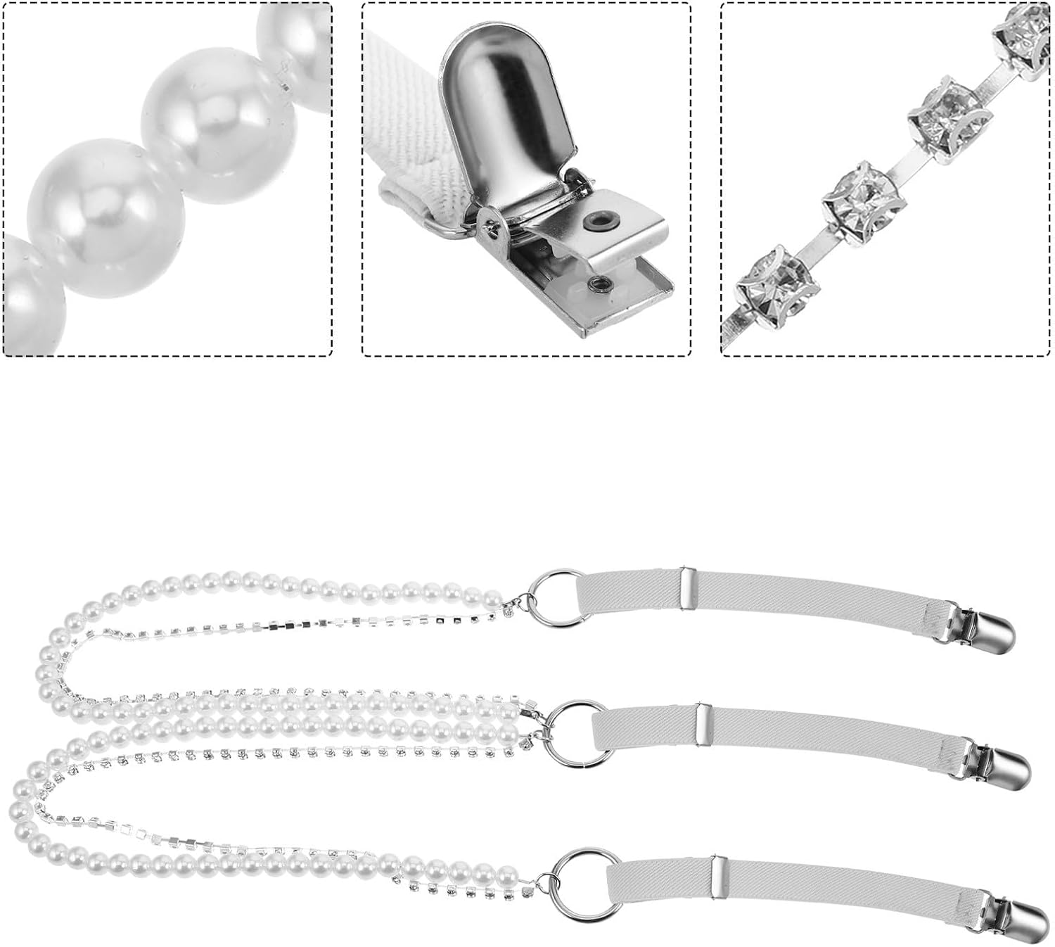 ORFOFE Adjustable Pearl-decorated Underclothes Suspenders for Women Pants with Elastic Comfort and Triple-clip Design, Trendy White Back Suspenders for Parties and Daily Wear