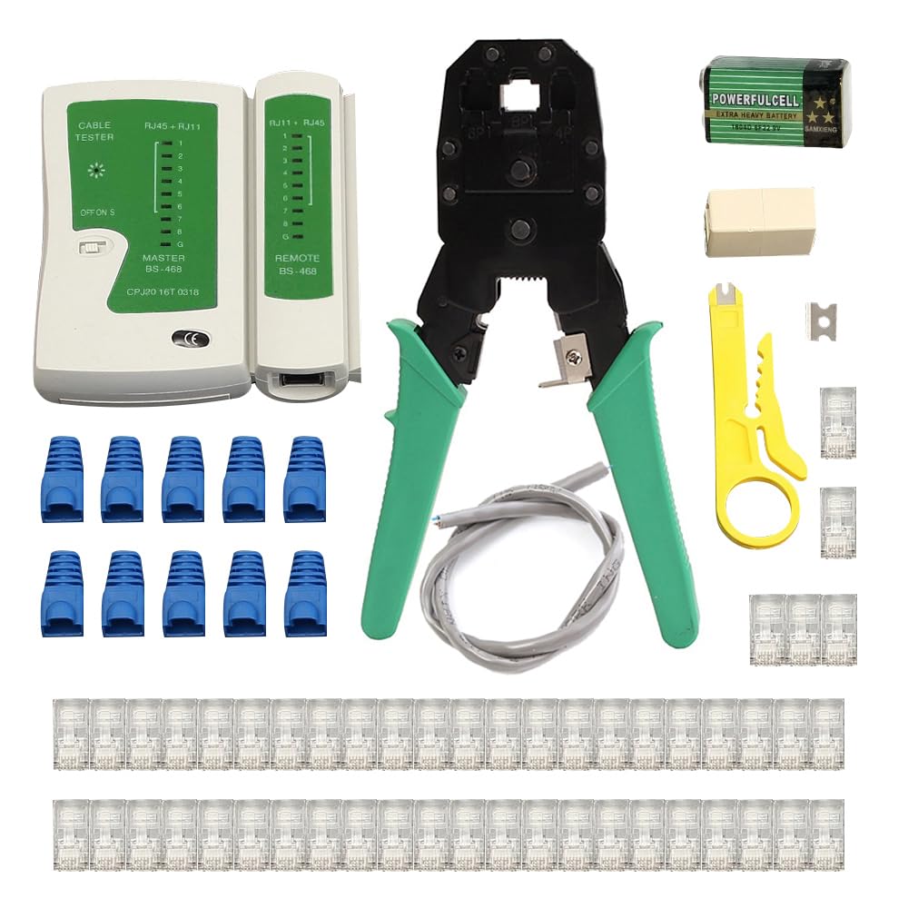 Kit LAN Ethernet avec outil de sertissage RJ45 testeur de cable et connecteurs bleus HUIOP