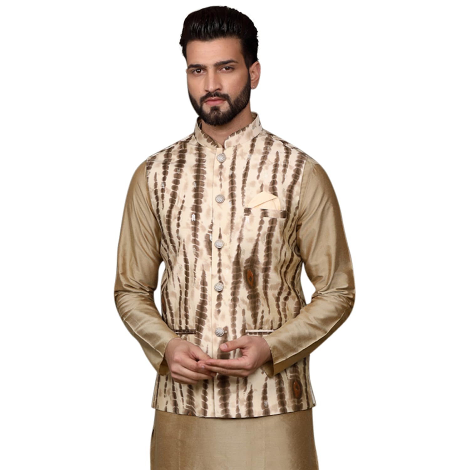 Men's Ethnic Wear Regular Fit Printed Cotton Blend Cream Nehru Jacket (M)-image-11
