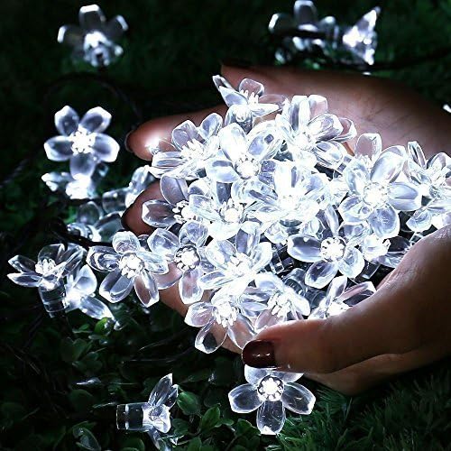 Qedertek Solar Flower String Lights, Cherry Blossom 22ft 50 LED Waterproof Outdoor String Lights for Patio,Lawn,Garden,Holiday and Festivals Decorations (White)