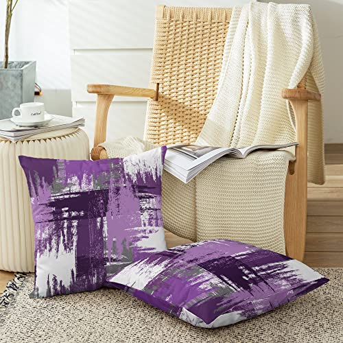 Calitime Throw Pillow Cases Pack Of 2 Cozy Fleece Interlaced Watercolor Brush Strokes Decorative Cushion Covers For Couch Bed Sofa Farmhouse Decoration 18 X 18 Inches Purple #TOP4