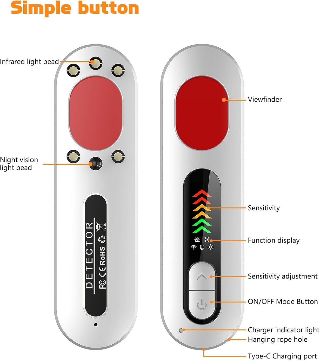 KinZon Détecteur de Caméra Cachée, détecteur de Bugs, Caméra Espion, de Dispositif de Suivi GPS, détecteur de dispositifs cachés à 5 Modes pour Hôtels, Airbnb, Voiture, Bureau