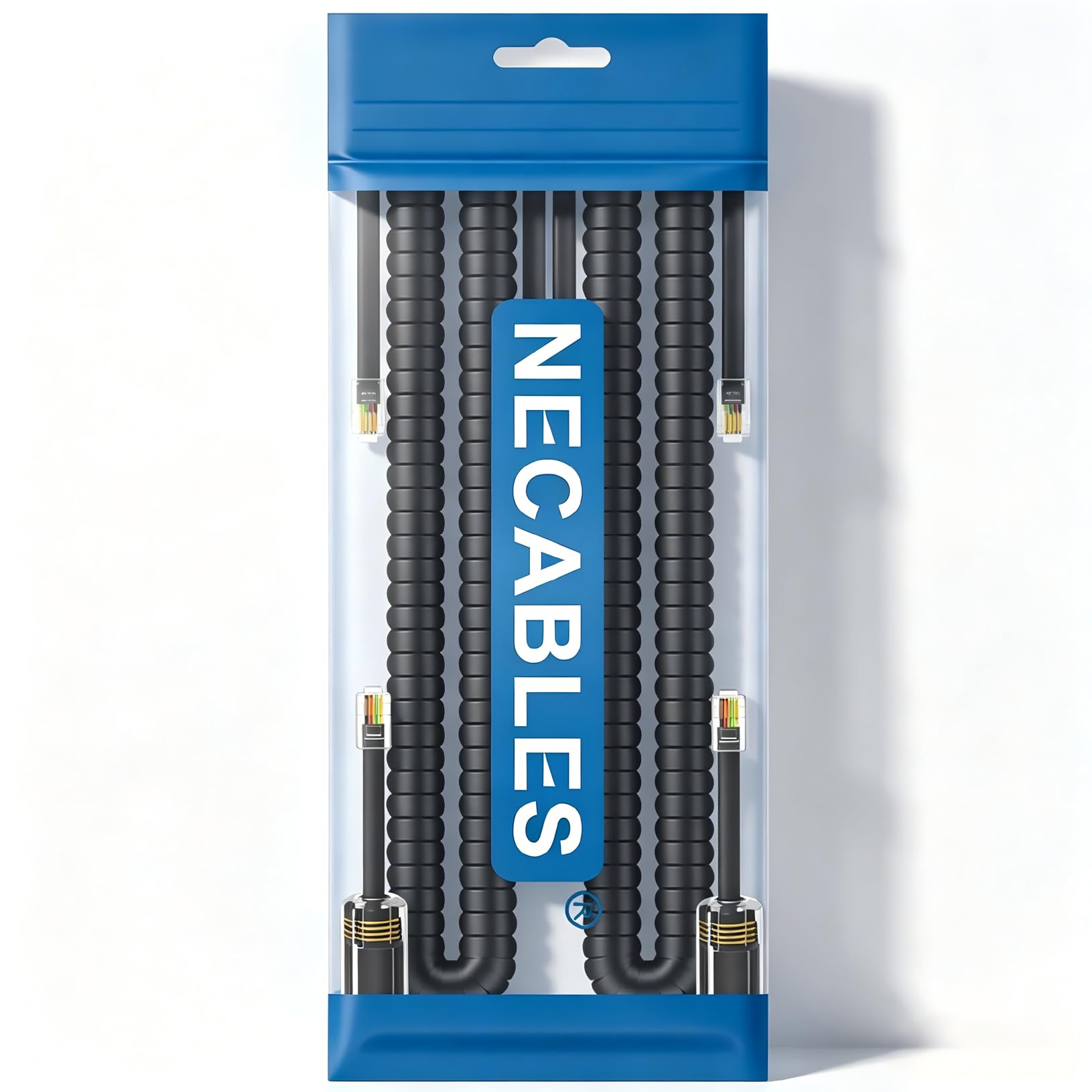 NECABLES Paquete de 2 + 2 cables de teléfono sin enredos para teléfono fijo, 2 cables de teléfono y 2 desenredantes para teléfono de escritorio, color negro