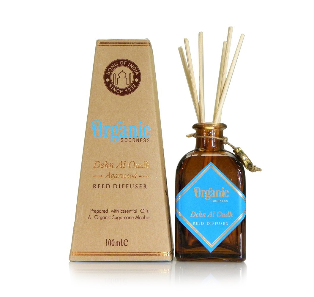 Song of India Organic Goodness Reed Diffuser in Amber Coloured Glass Jar with 6 Sticks for Home Fragrance (Dehn Al Oudh/Oud)