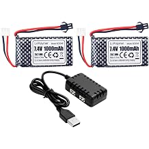 2PCS 7.4V 1000mAh 2S Lipo Battery Band for SM-2P Plug and 1 Traction 2 Charger for 1601AMP 1601AMP2 1601AMP3 RC Remote Control Car/Remote Control Ship/Remote Control Drone
