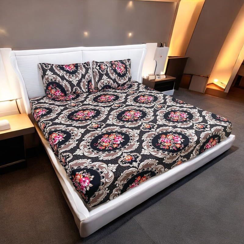 Image of Avinya 250 TC Premium 7D Printed Cotton Feel Elastic Fitted Single Size Bedsheet with 1 Pillow Covers |48 inch x 72 inch| Fits up to 6-Inch Mattress |7D Gulab