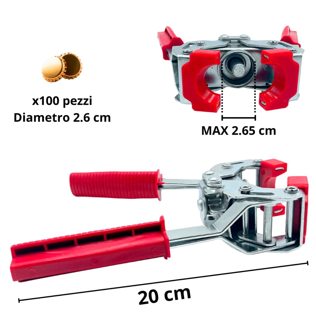 Maka Tappatrice Manuale + 100 Tappi Corona Diametro 26mm Inclusi Capsulatrice Professionale per Tappi Max 26.5mm in Metallo a 2 Leve Impugnatura Ergonomica per Vino Birra Salsa (tappa + 100 Tappi)