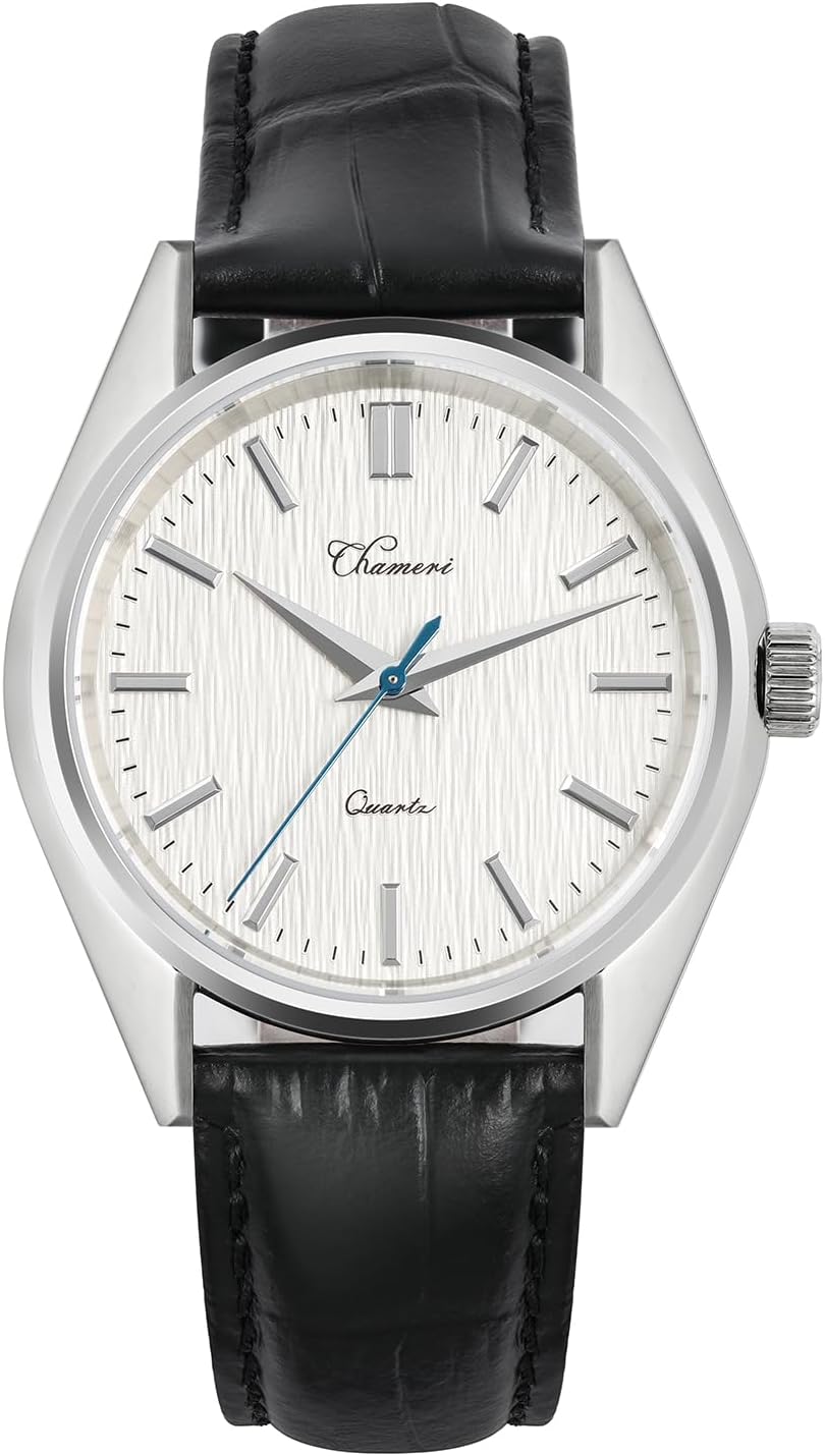 TACTICAL FROG Chameri GS04 37MM Mens Watch Sweep VH31 Movement Dress Watches for Men, Casual Watch Leather, White Dial