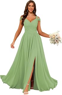 Off Shoulder Bridesmaid Dress Long with Slit Pleated Chiffon A-line Maxi Formal Party Dress with Pockets LE004