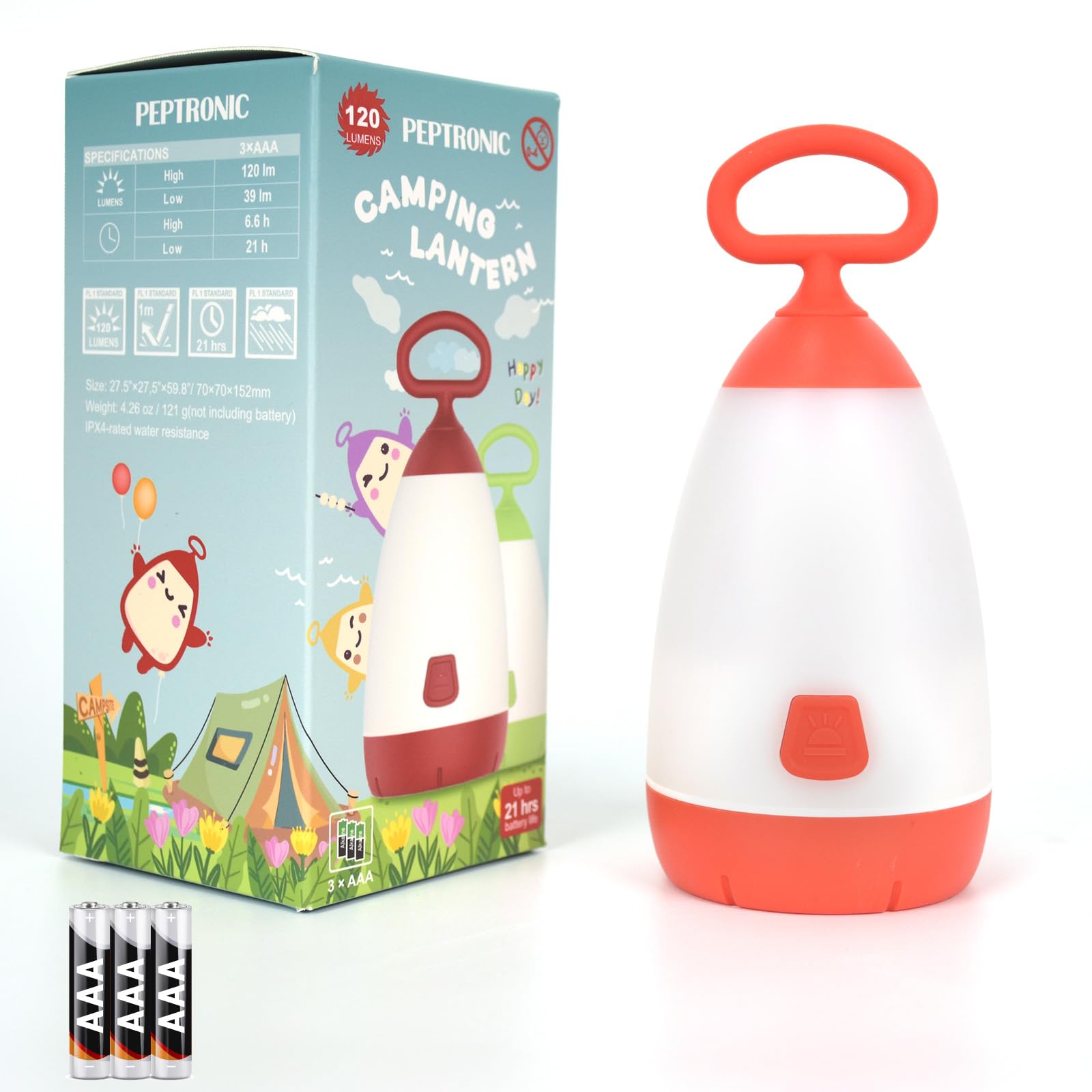 PEPTRONIC Kids Camping Lantern & Night Light Battery Powered, 360° Eye-Safe Light (AAA Included), IPX4 Waterproof with RGB Modes Portable for Outdoor,