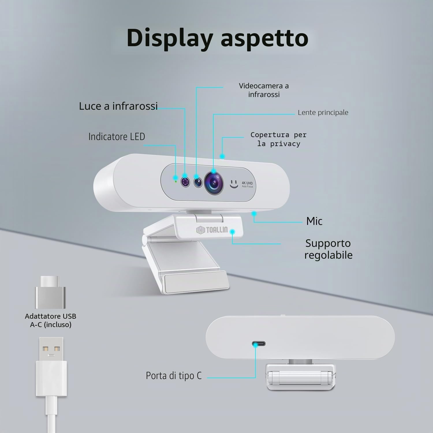 TOALLIN Webcam 4K UHD per PC, Fotocamera compatibile con Windows Hello, Riconoscimento facciale, Autofocus, Microfono integrato, Fotocamera USB per Meeting Online, Streaming Live, Videochiamate