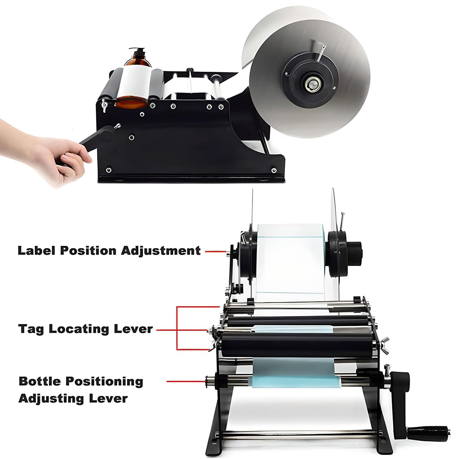 Manuelle Flaschenetikettiermaschine – verstellbarer Applikator für Flaschen, Gläser und Dosen mit 15–110 mm Durchmesser, Etiketten bis zu 30 Etiketten pro Minute