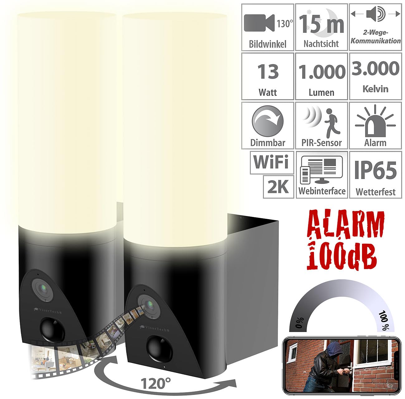 VisorTech Lampe mit Kamera: 2er-Set LED-Außenwandleuchten & WLAN-2K-Kamera, PIR, Nachtsicht, App (LED Lampen mit Bewegungsmelder, Überwachungskamera WLAN außen, Überwachungscamera)