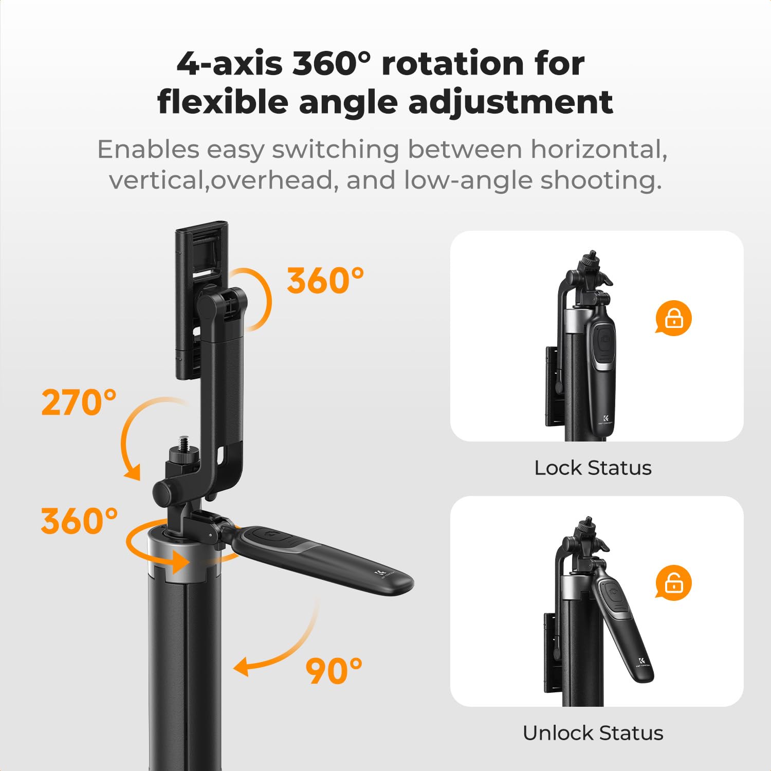Automatyczny kij do selfie K&F CONCEPT 180 cm z 4 nogami (aktualizacja 2026), uchwytem stabilizującym i obrotowym statywem do telefonu 360°, kompatybilny z telefonami iPhone/Samsung/Android i DJI Osmo
